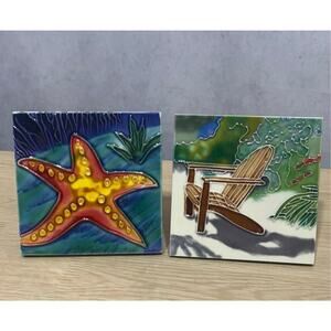 Hand Painted Tile Starfish & Beach Chair Lot of (2) 4"x4"